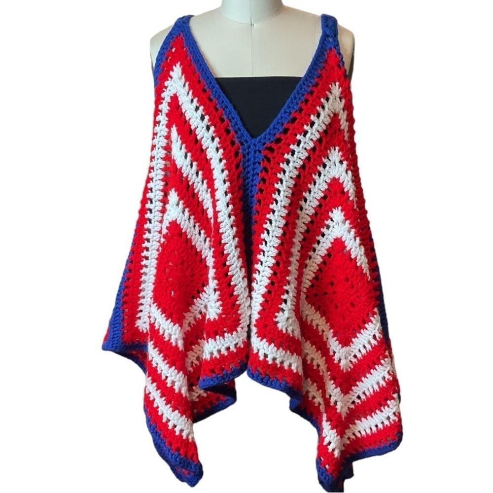 Handcrafted Granny Square Crochet oversized Tank Swing Top Red White Blue